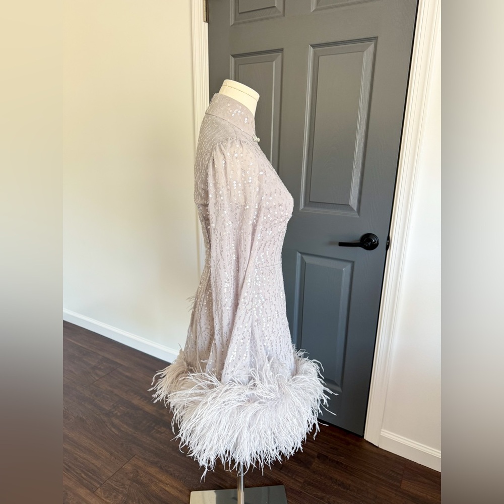 Sau Lee Bianca Mini Sequin and Feather Dress in Silver - Picture 10 of 14